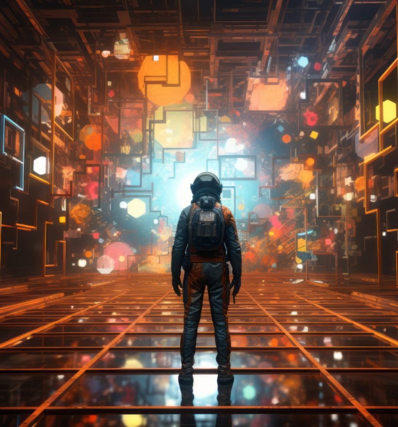 3ds max 3d illustration of an astronaut standing and standing in a square, in the style of psychedelic inspired, animated shapes, screenshotsaturday, oil paintings, flickr, spherical sculptures, bright palette, --ar 3:2 --stylize 250 --v 5.2